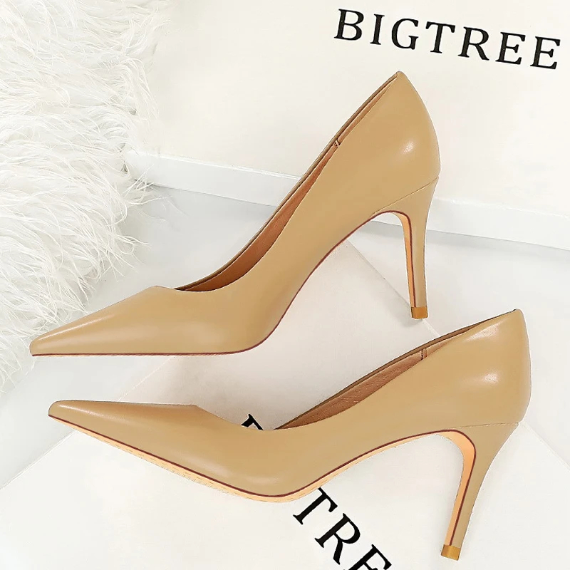 BIGTREE Shoes Women 7.5 Cm Heels Pu Leather Woman Pumps Occupation OL Office Shoes Stilettos Pointed Kitten Heels Ladies Shoes