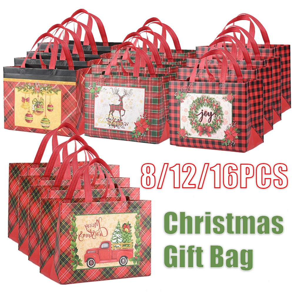 8/12/16PCS New Year Christmas Non-Woven Fabric Tote Bags Candy Bags Christmas Gift Organisers Holiday Party Cookie Packaging Bag