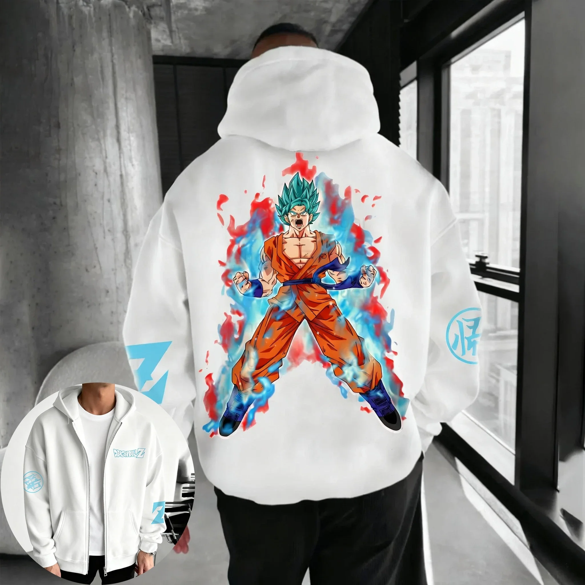 

Dragon Ball Anime Y2K Versatile Zipper Hoodie Men's Autumn/Winter New Super Saiyan Printed Japanese Harajuku Casual Loose Top