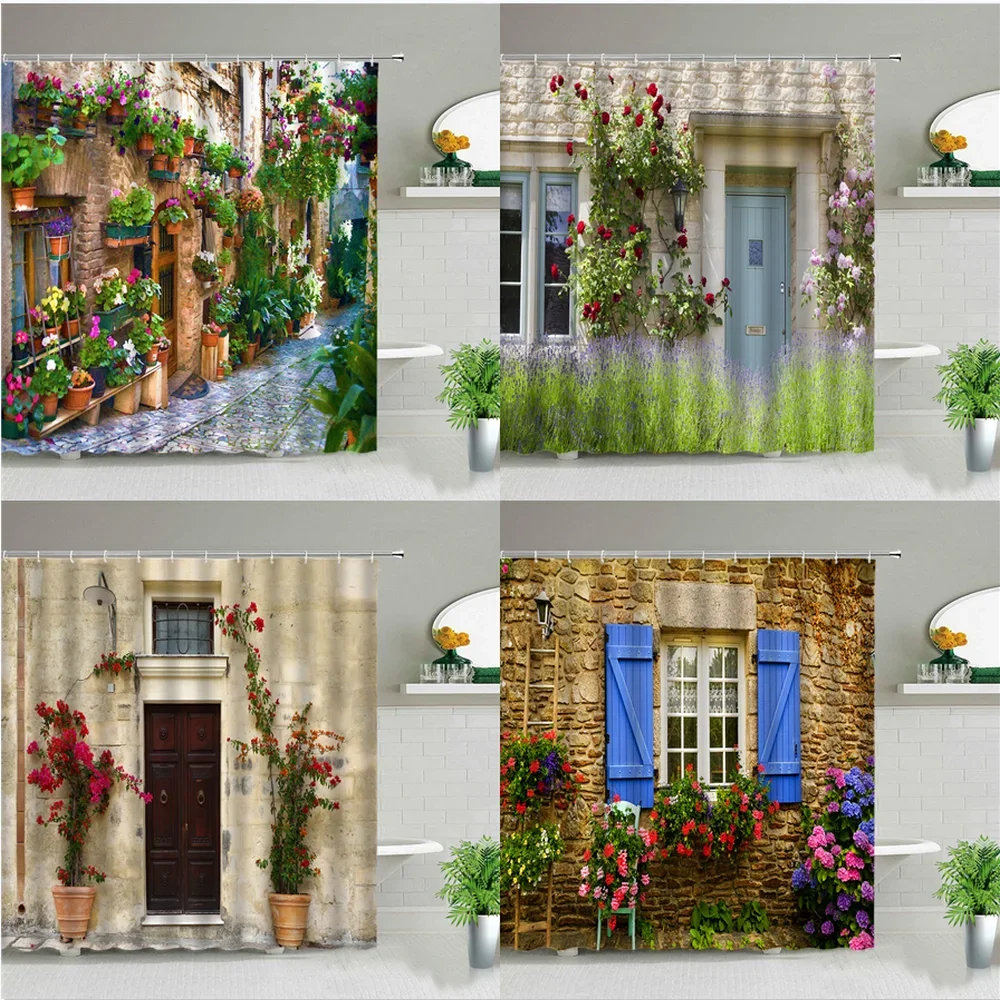 Street Building Scenery Shower Curtains Flowers Plant Retro Old Door Spring Rural Bathroom Curtain Background Wall Decor Cloth