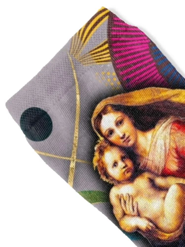 Fusion of Art: Sistine Madonna meets Kandinsky and African Tribal Patterns Socks halloween Stockings Socks Men Women's