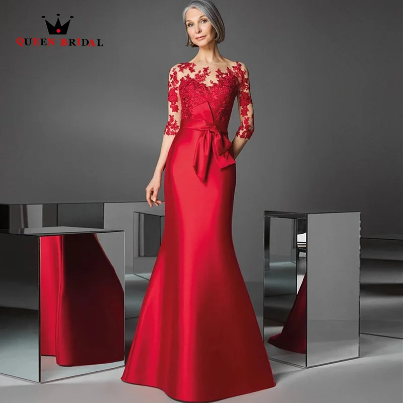 

Red Satin Evening Dresses Elegant Lace Appliques Mother of the Bride Dresses Belt Bow Illusion Back Wedding Dress SN06