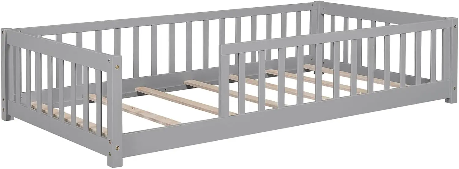 Twin Size Wood Floor Bed With Safety Guardrails Noise Free Easy Assembly Bed Frame Bedroom Furniture For Children Girls Boys