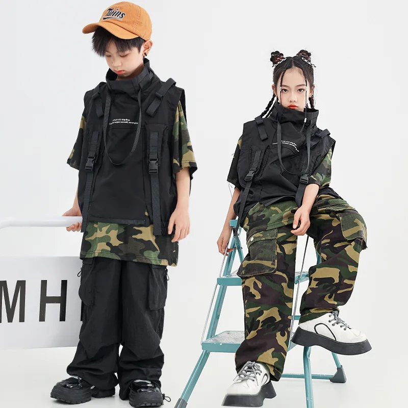 Teen Boy Hip Hop Costume High Collar Vest Camo T Shirt Cargo Pants Children Street Dance Outfits Kids Waistcoat Streetwear New