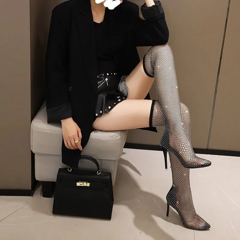 2026 Women's Black Fishnet Over-the-Knee High Heels Rhinestone Party Shoes Evening Dress Shoes for Women Q-279