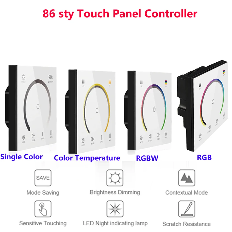 sty controlador do painel de toque dimmer temperado interruptor de parede de vidro para a unica cor temperatura de cor rgb rgbw tira conduzida dc12v 24v 86 01