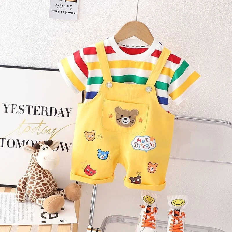 New Summer Baby Girl Clothes Suit Children Boys Fashion Striped T-Shirt Overalls 2Pcs/Set Toddler Casual Costume Kids Tracksuits