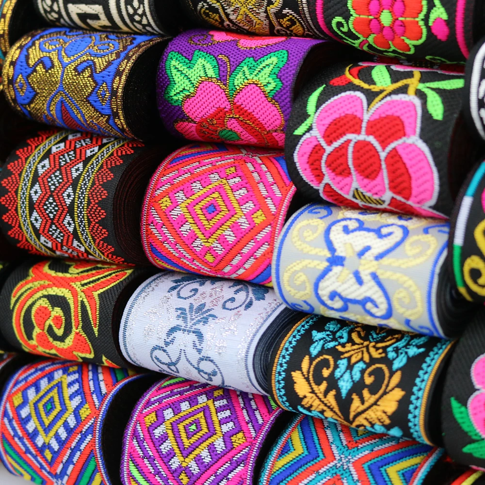 7 Meters 50mm 2 Inch Vintage Ethnic Embroidery Flowers Ribbon Boho Lace Trim DIY Clothes Bag Accessories Embroidered Fabric