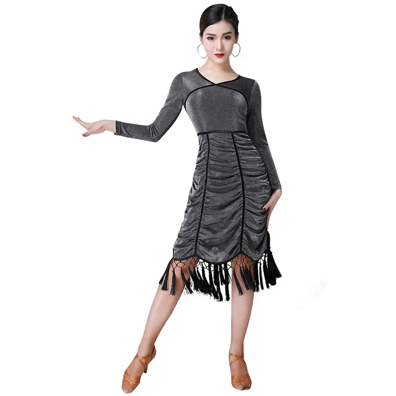섹시 라틴 댄스 의상 봄 여름 신상 라인 댄스 스커트 슬림핏 태슬 여성 드레스 긴팔 의류