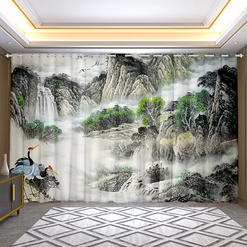 2pcs Landscape Semi-blackout Custom Curtain for Living Room Bedroom Floor Window 2024 New Modern Chinese Style Zen Large Size