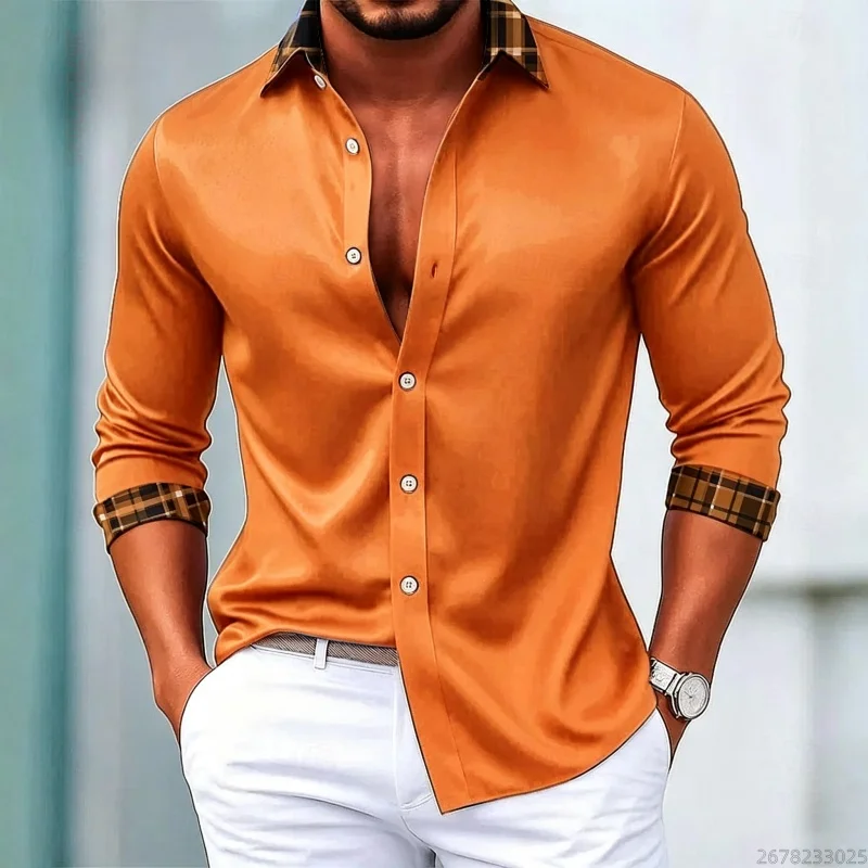 Men's Orange Plaid Print Long-Sleeve Shirt, Versatile, Stylish, and Casual Top for Everyday Wear, Outings, Commutes, and Parties