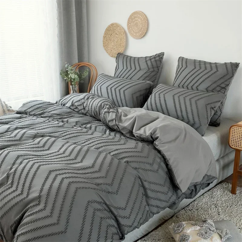 Solid Color Stripe Cut Flowers Bed Sets Full Queen Wave Patchwork King Size Duvet Cover with Pillow Cases Home Comforter Cover