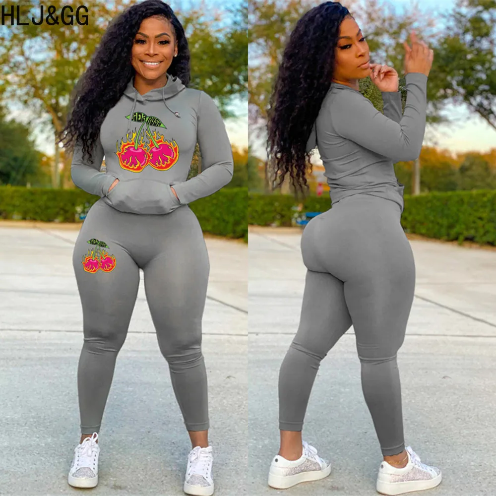 

HLJ&GG Fashion Hooded Printing Tracksuits Women Long Sleeve Sweatshirt And Jogger Pants Two Piece Sets Casual Sporty 2pcs Outfit