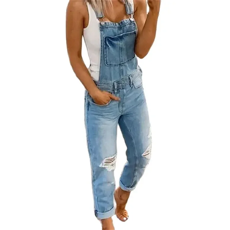 Fashion Broken Holes Straight Jumpsuit Women Two Shoulder Strappy Pants Female Patchwork Large Pocket Rompers Casual Streetwear