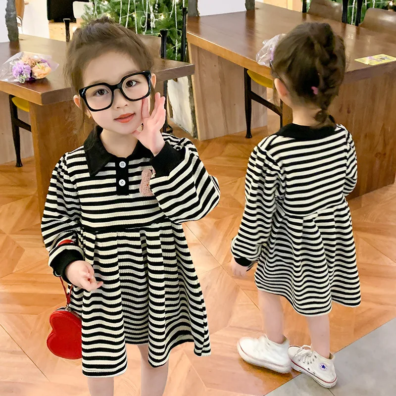 

Korean Plaid Girl stripe Dress Striped Long-sleeved New Autumn Dress Girls Knitted Dress Bow College Style Kids Clothes 1-8 year