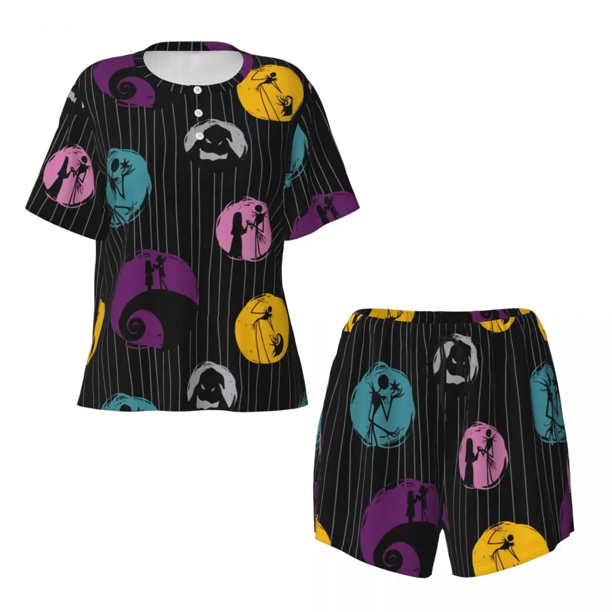 Custom The Nightmare Before Christmas Pajamas Set Women\'s 2 Piece Short Sleeve Tim Burton Sleepwear Loungewear PJS Shorts Sets