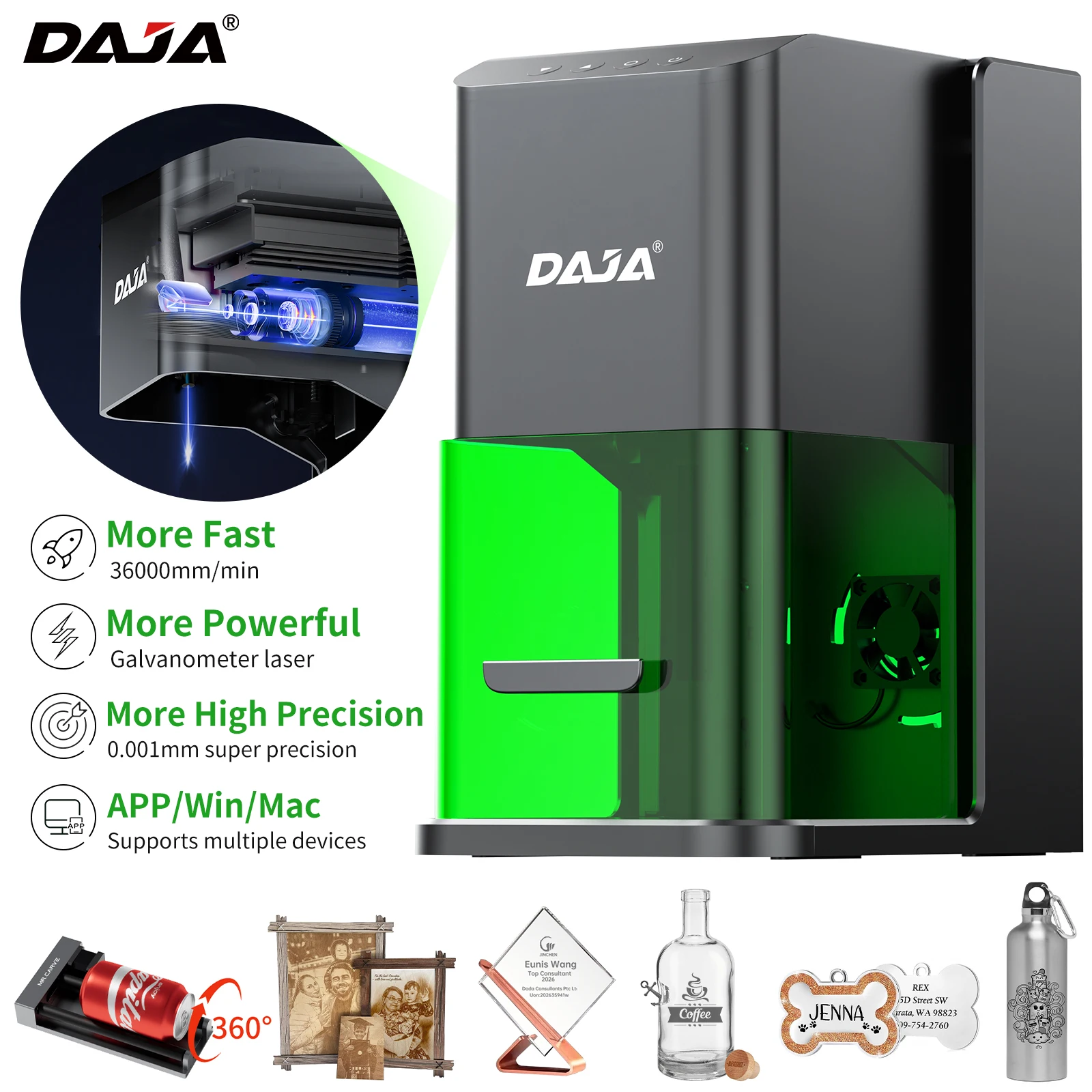 

Лазерный гравер DAJA C1 Ultra с гальванометром: быстрый, мощный, миниатюрный, для нержавеющей стали, дерева, окрашенного металла, стекла, акрила, бумаги