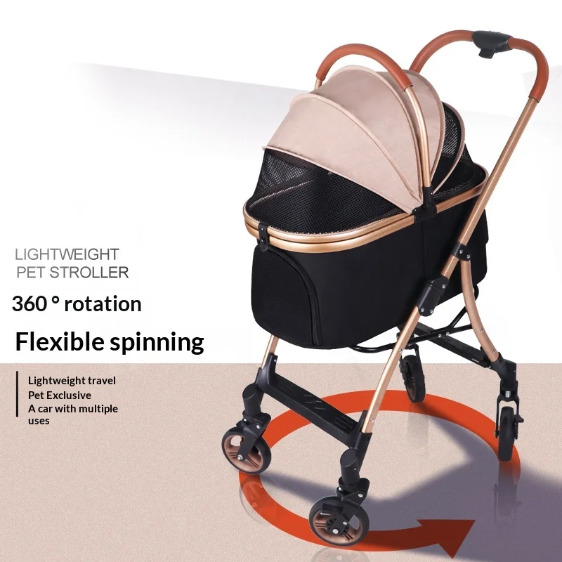 Pet Stroller for Outings Lightweight Metal Detachable One-Click Foldable Four-Wheel Omnidirectional Cart for Small Dogs Cats