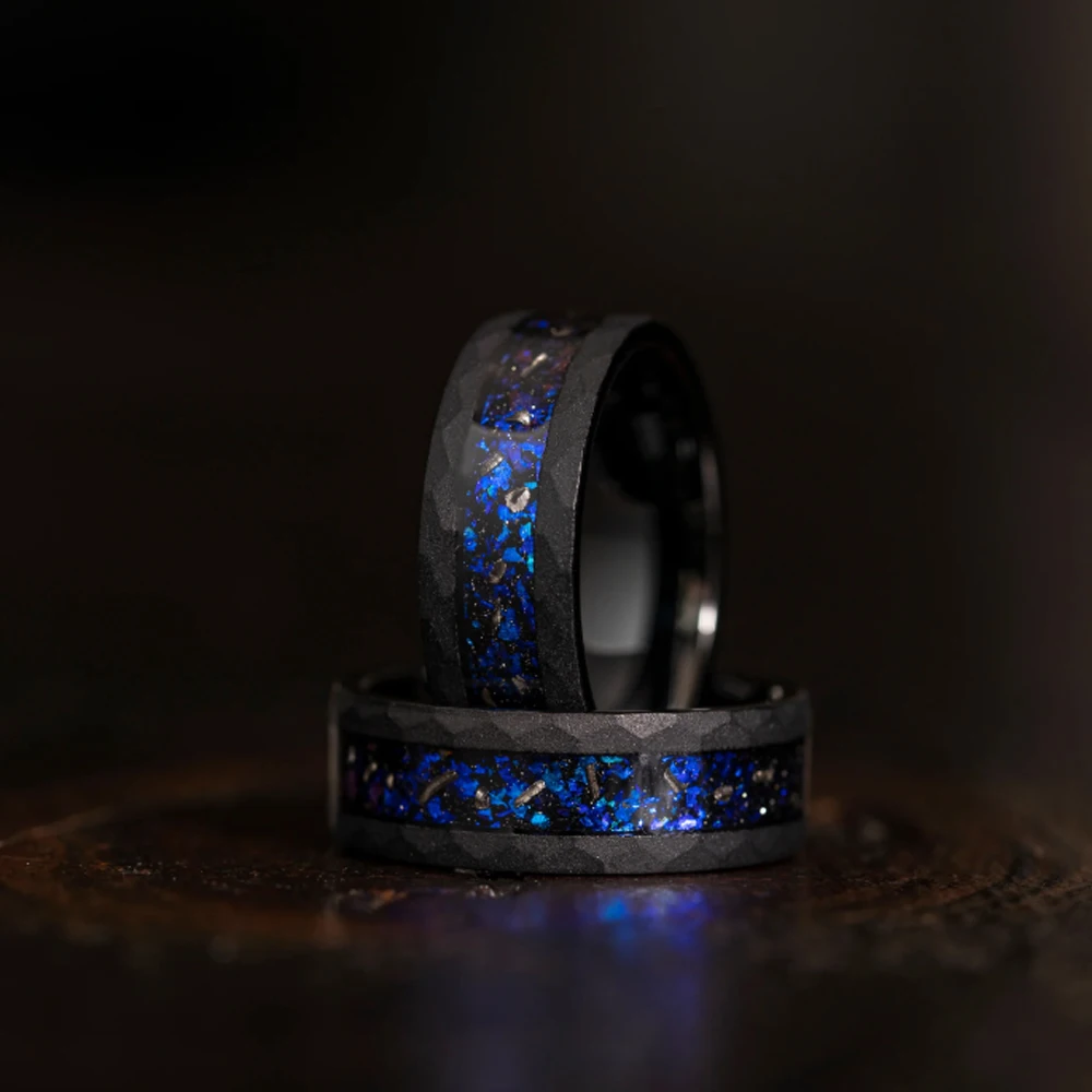 8mm Black Hammered Meteorite Ring Tungsten Galaxy Opal Inlay Luxury Wedding Band for Men Women Fashion Engagement Wedding Band