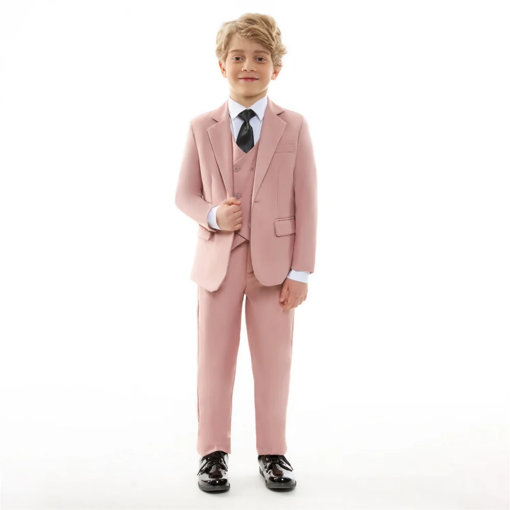 Trendy Pink Solid Suit Set For Kids For Wedding Party Graduation Communion Back-To-School Children Tuxedo Set 4 Pcs Suits