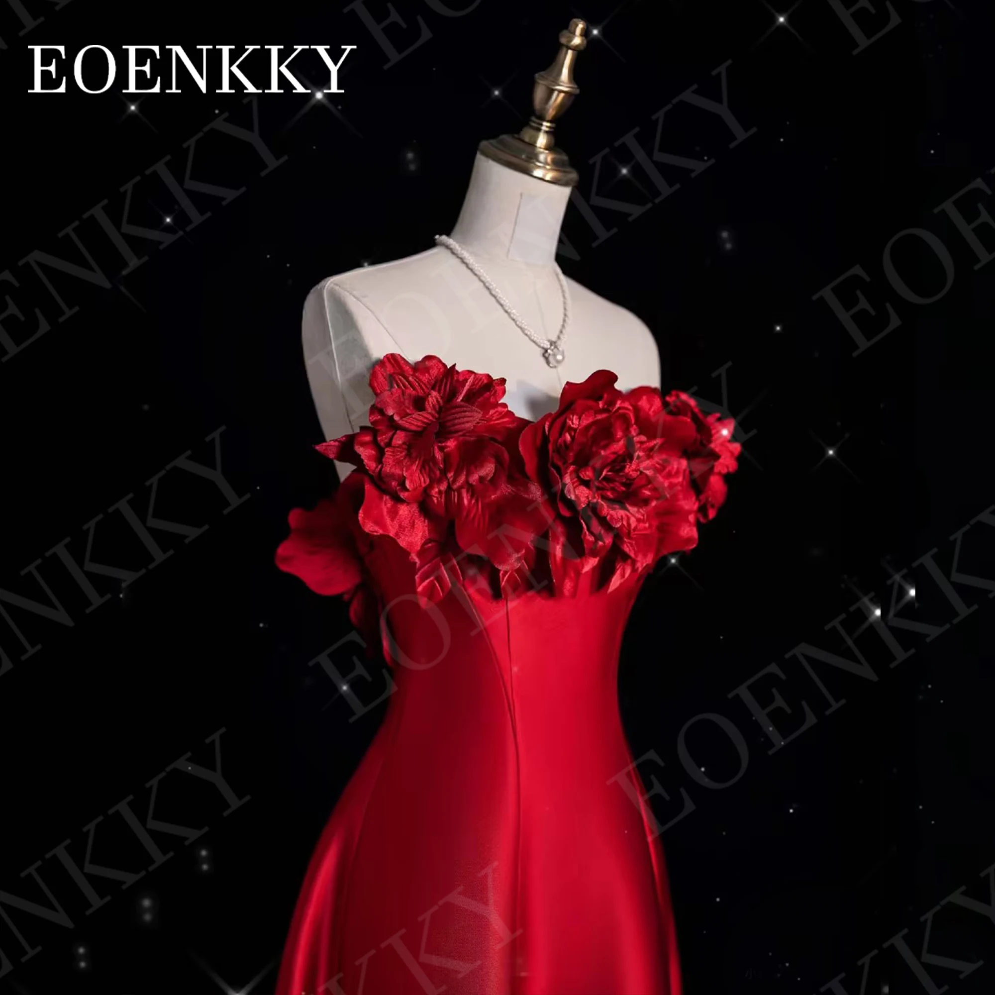 EOENKKY Burgundy A Line Prom Dresses 3D Floral Exquisite Satin Strapless Ceremony Dress Sleeveless Party Woman Customized 이브닝드레스