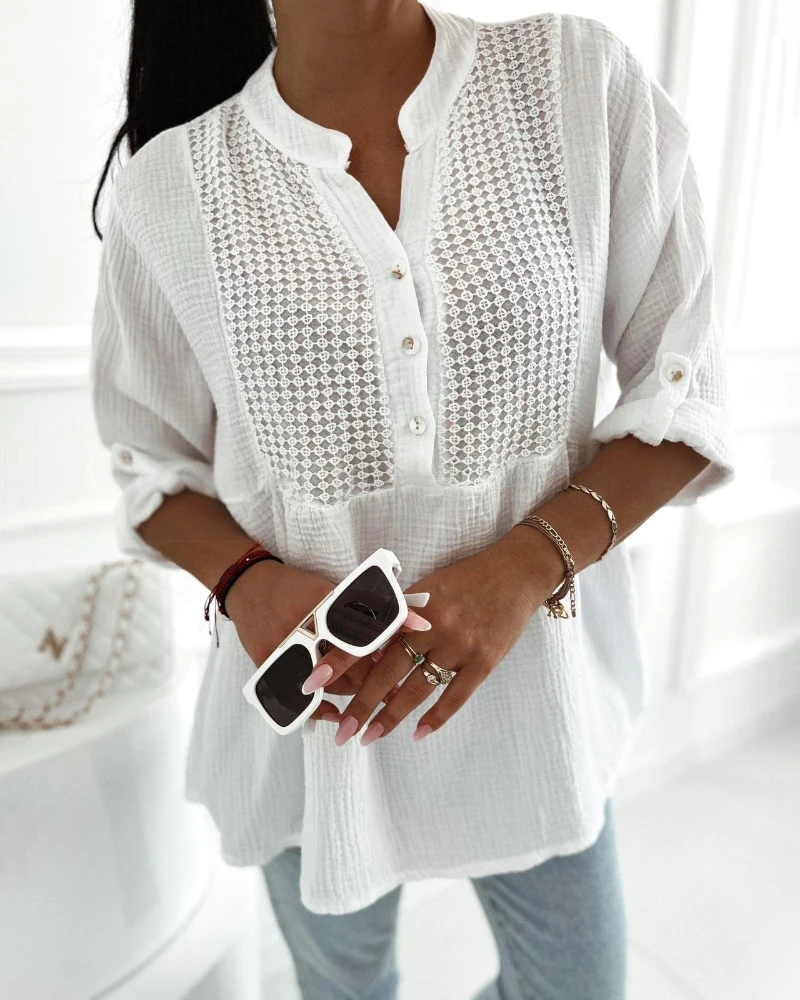 Mesh chiffon button up long sleeved shirt