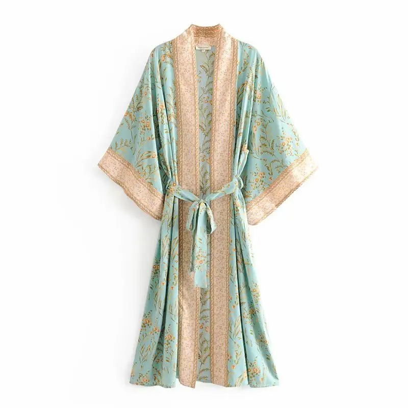 Fashion Women Floral Print Bat Sleeve Rayon Beach Bohemian Kimono Ladies V Neck Boho Robe Bikini Cover-ups Cardigan Kimono Femme