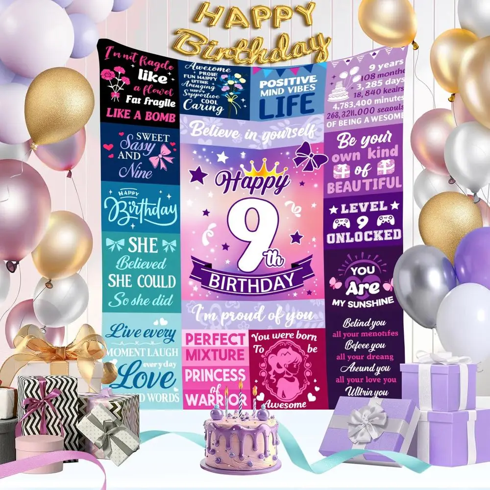 

9th Birthday Motivational Blanket, Celebratory & Empowering Birthday Gifts for Girls, Vibrant Colorful Designs, Positive Message