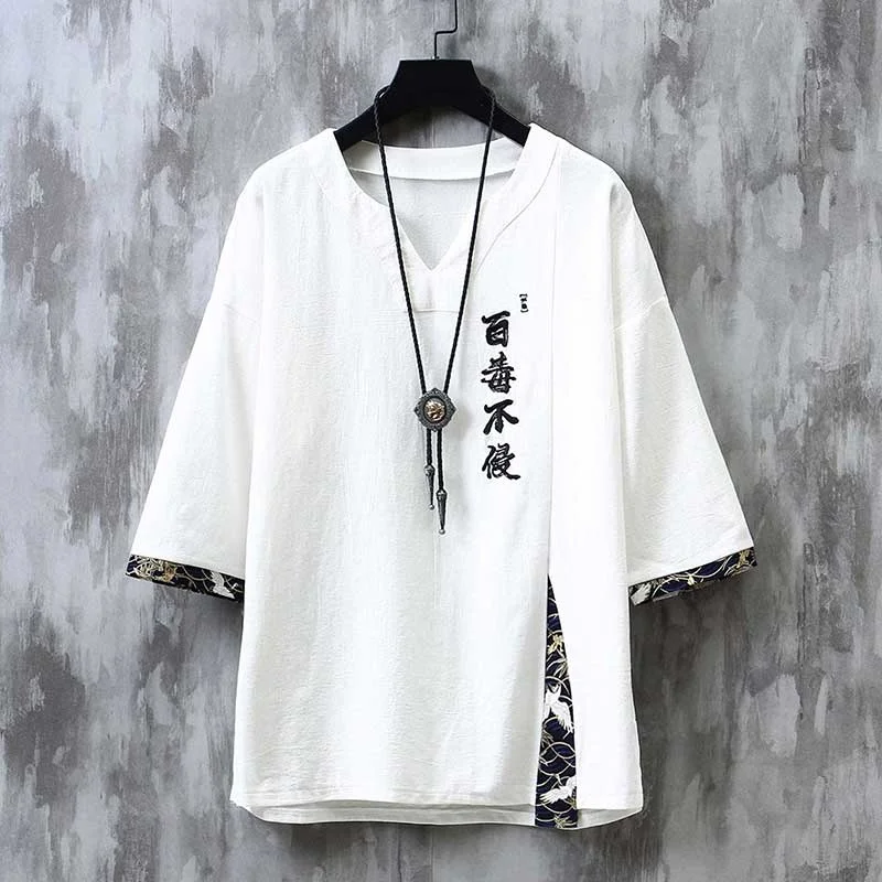 Summer Chinese Style Text Embroidery T-Shirts Loose Plus Size Patchwork Hanfu V-Neck Oversized Tops Men Clothing Short Sleeve