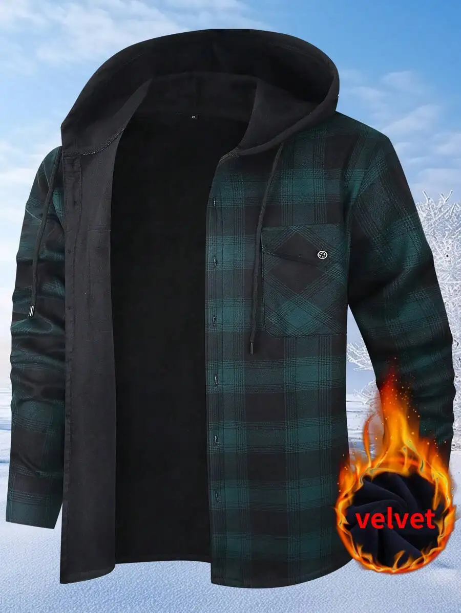 

Men's Green Black Plaid Hooded Button-Up Shirt with Velvet Lining