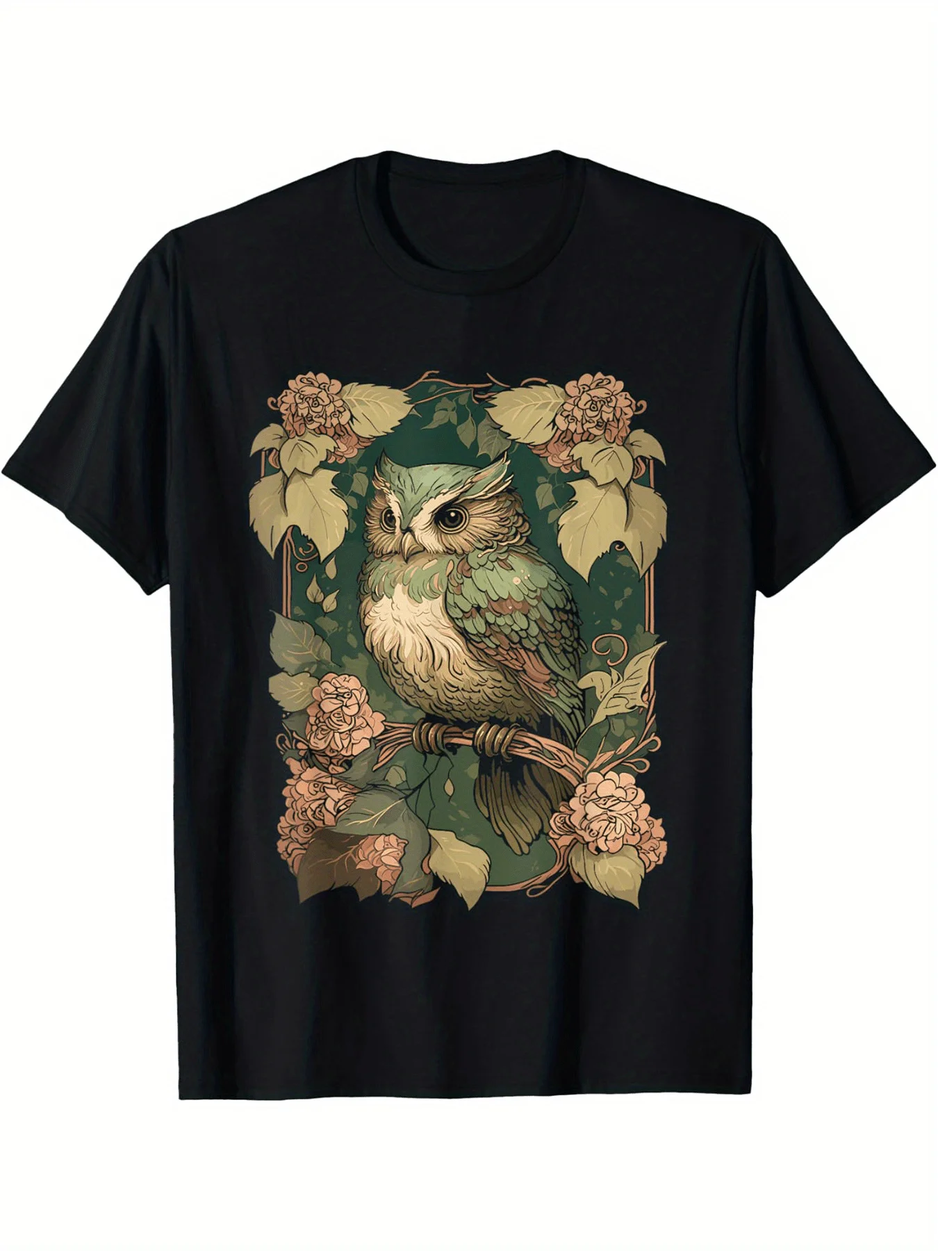 Men's Cottagecore Floral Owl Print T-ShirtSoft Breathable Cotton Crew Neck Short Sleeve TeeCasual All-Season Top with Vi