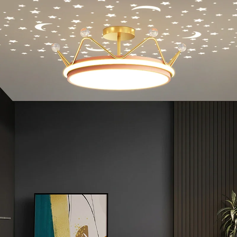 Lámpara de araña de corona de princesa, luz nocturna estrellada, colgante de luna de estrella regulable, lámpara de techo de estudio para dormitorio de niños, decoración de habitación de niñas