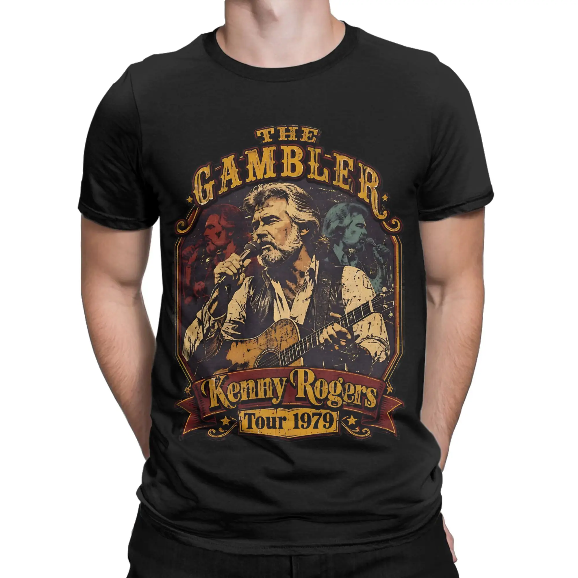 Rustic Folk Art  Classic Kenny Rogers Graphic 100% Cotton T-Shirt Tops Tees For Men