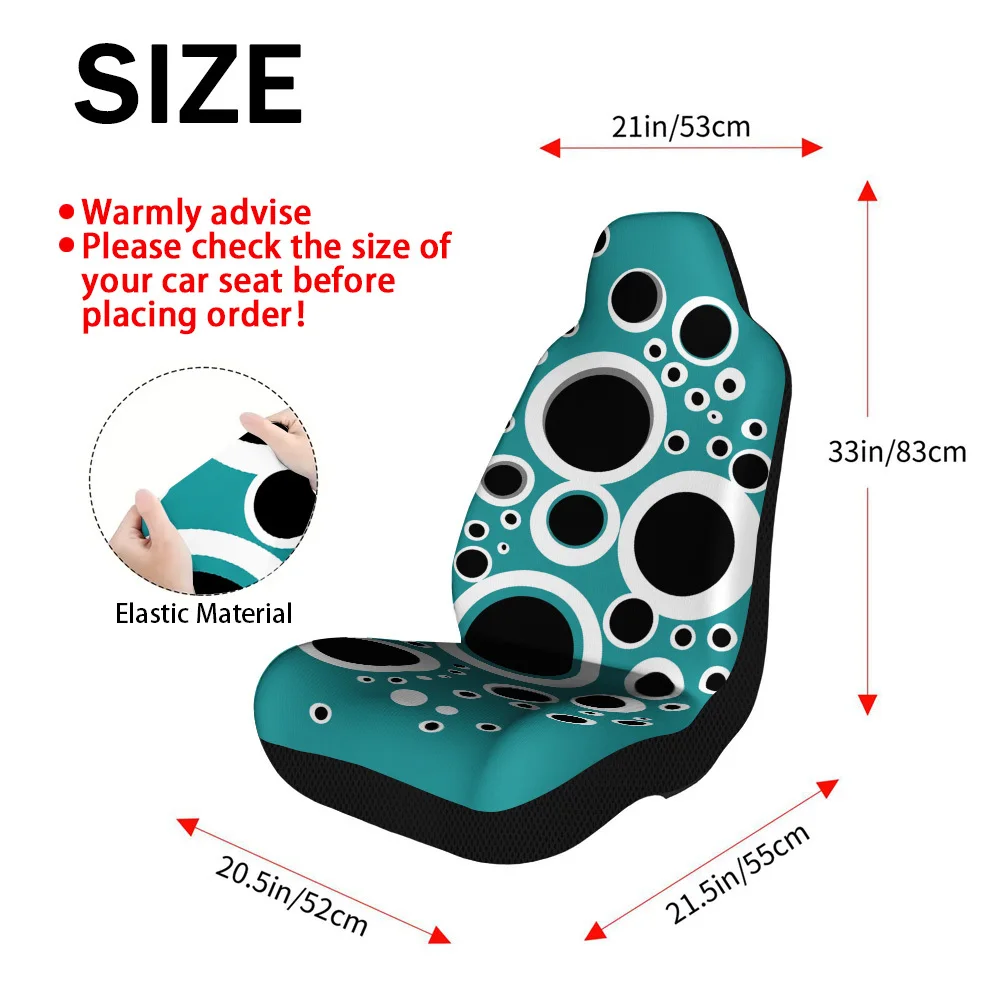 2pcs Trendy Teal Black Circles Print Car Front Seat Covers | Polyester Fiber, Universal Fit, Machine Washable, Great For Maximum