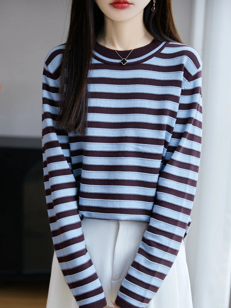 

100% хлопковый вязаный свитер для женщин, повседневный свободный топ с длинными рукавами, круглым вырезом, в полоску, в корейском стиле, удобный базовый топ