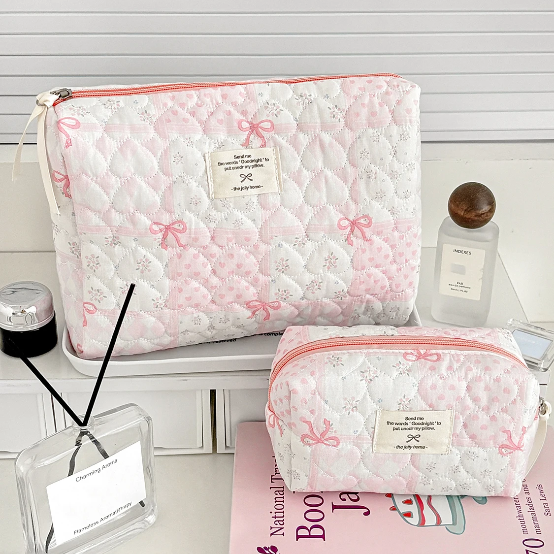 Fashion Heart Pink Floral Women Cosmetic Pouch Tote Portable Toiletry Travel Women's Toiletry Bag Bow Ladies Quilting Brush Bag
