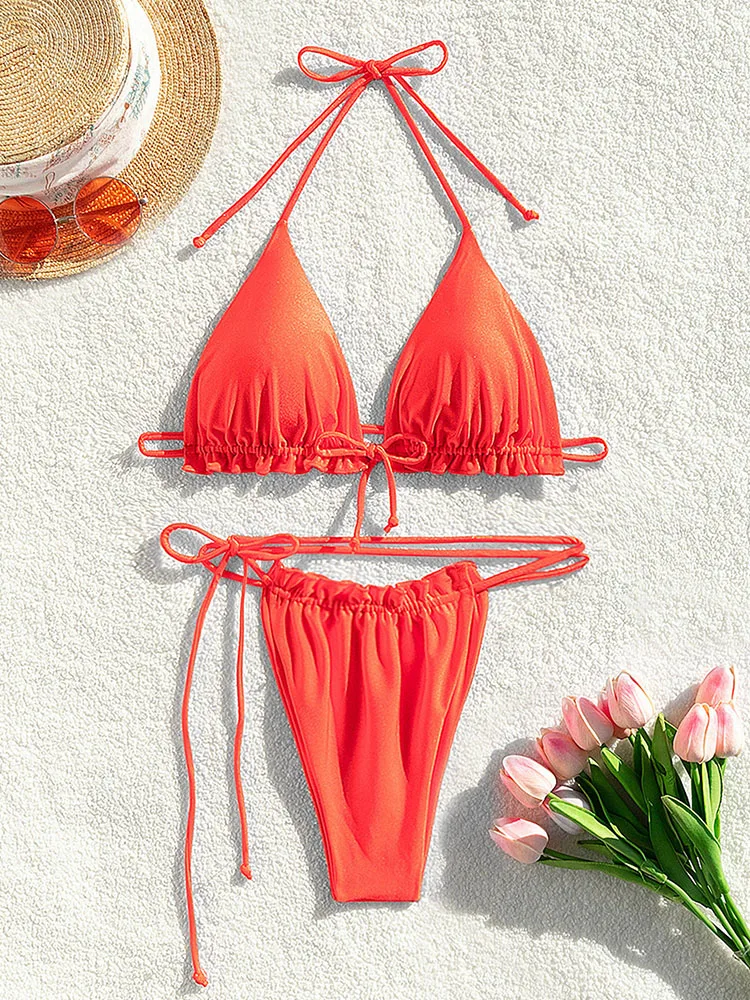 Bikini pieghettato Ruffle costumi da bagno donna fasciatura costumi da bagno Sexy costume da bagno Micro perizoma Biquini Mujer tinta unita Beachwear estate