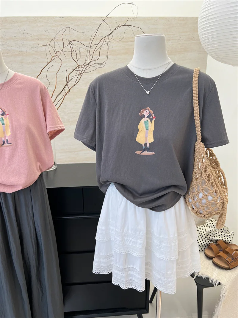 

Retro American Summer Thin Loose Short Sleeve T-Shirt Women's New Simple Fashion Casual Print Top Cotton Elastic Fiber