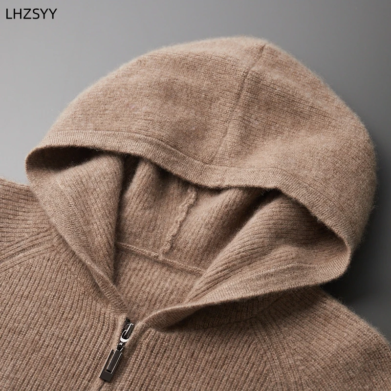 100%Pure Wool Zipper Cardigan Men\'s Hooded Collar Large Size Knit Coat Fashion Loose Thicken Jacket Autumn Youth Cashmere Hoodie