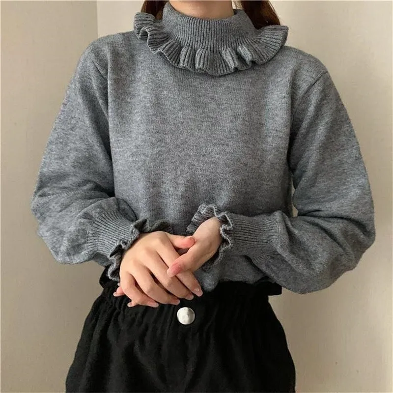 Lolita Turtleneck Knitted Sweater Winter Women Knitwear Vintage Ruffle Cute Girls Long Sleeve Red Jumper Christmas Sweaters