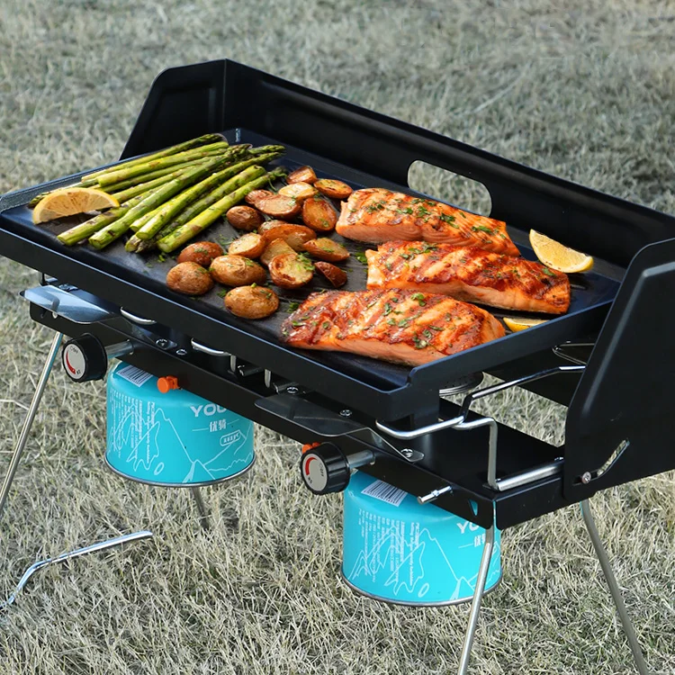 

Camping Outdoor Double-head Furnace with Baking Pan Windproof Portable Folding Butane Barbecue Fierce Gas Stove