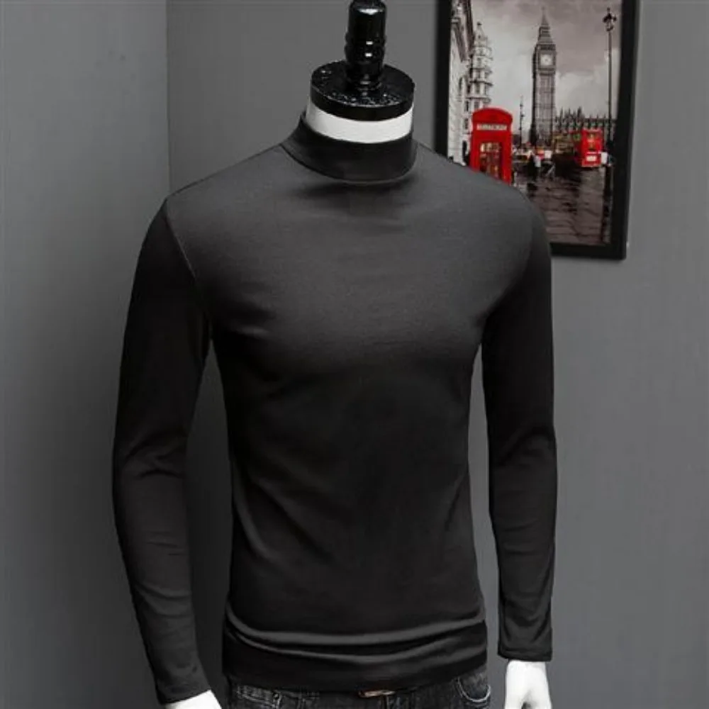 2022 Spring Autumn Luxury Solid Men\'s Turtleneck Long Sleeve High Collar Modal Slim Tops Oversized Men\'s Clothing Soft T-shirt