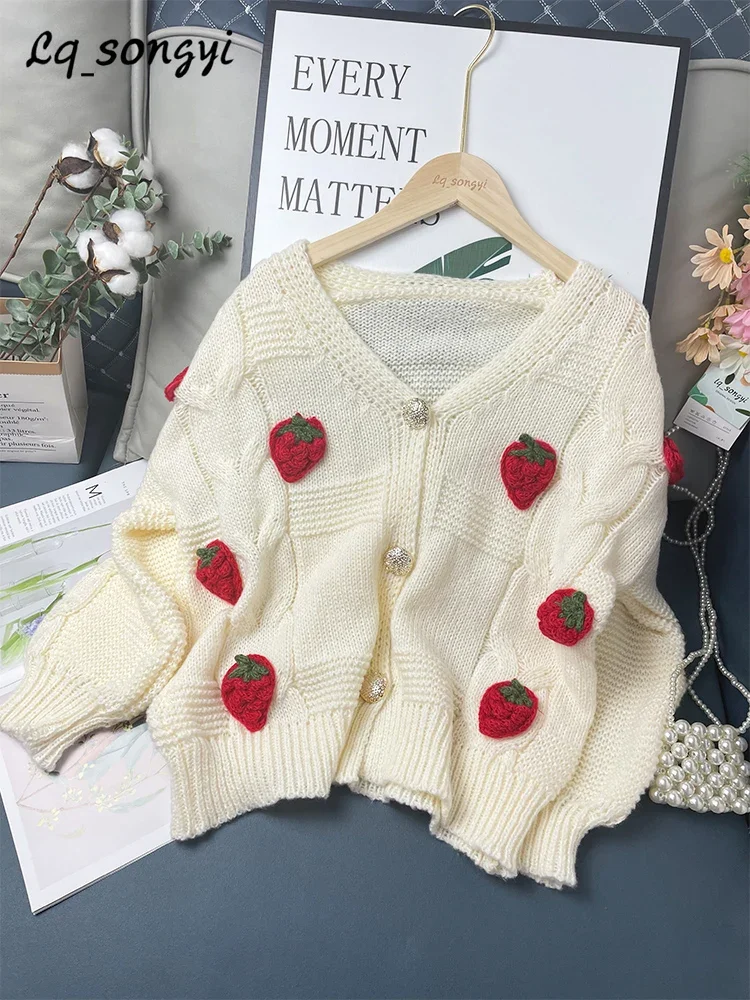 LQFunwink Beige Sweater Cardigan Strawberry Jacquard Knitted Coats Autumn Winter Sweet Girls Kawaii V Neck Jackets y2k