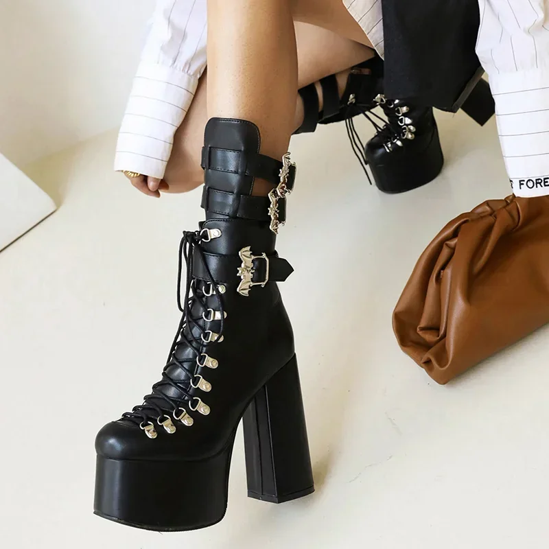 Gothic Style Black Platform Boots Bat Wings Sexy Clube Night Modern Boots Women Mid Calf Ankel Buckle Strap Plus Size 46