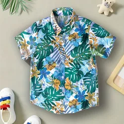 Camisetas estampadas com folhas de flores para crianças, blusa de manga curta, camisas de colarinho casual para crianças, tops criativos elegantes para meninos