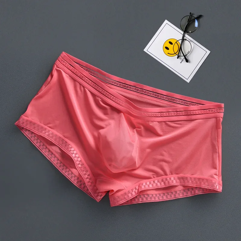 Cuecas boxers masculinas de seda gelo verão legal boxer respirável 3d bolsa seta shorts moda transparente cuecas masculinas