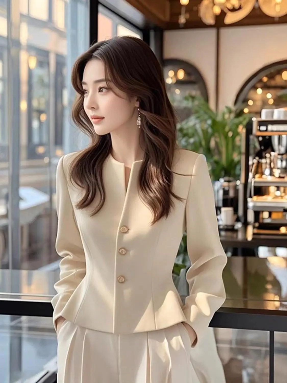 New High-end Small Fragrant Style Waist Pinching Top French Light Luxury High-end Temperament Socialite Apricot Shirt Jacket