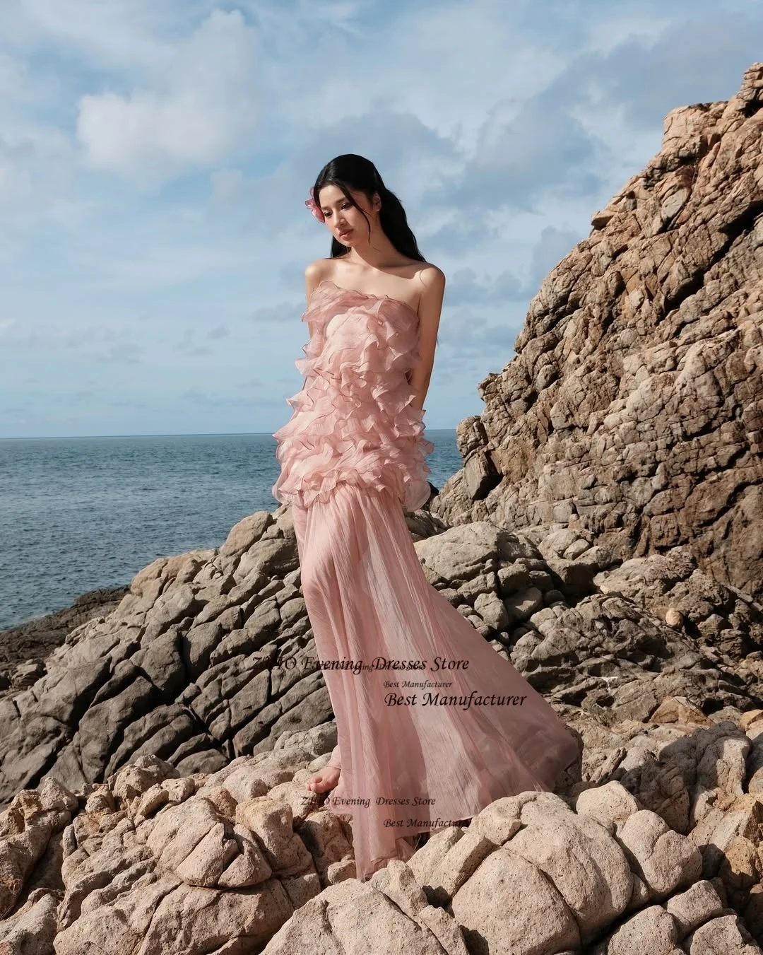 ZHIO Elegant Pink Tulle Illusion Evening Gown Strapless Ruched Long Party Dress Sleeveless Sweep Train Prom Gown Customized