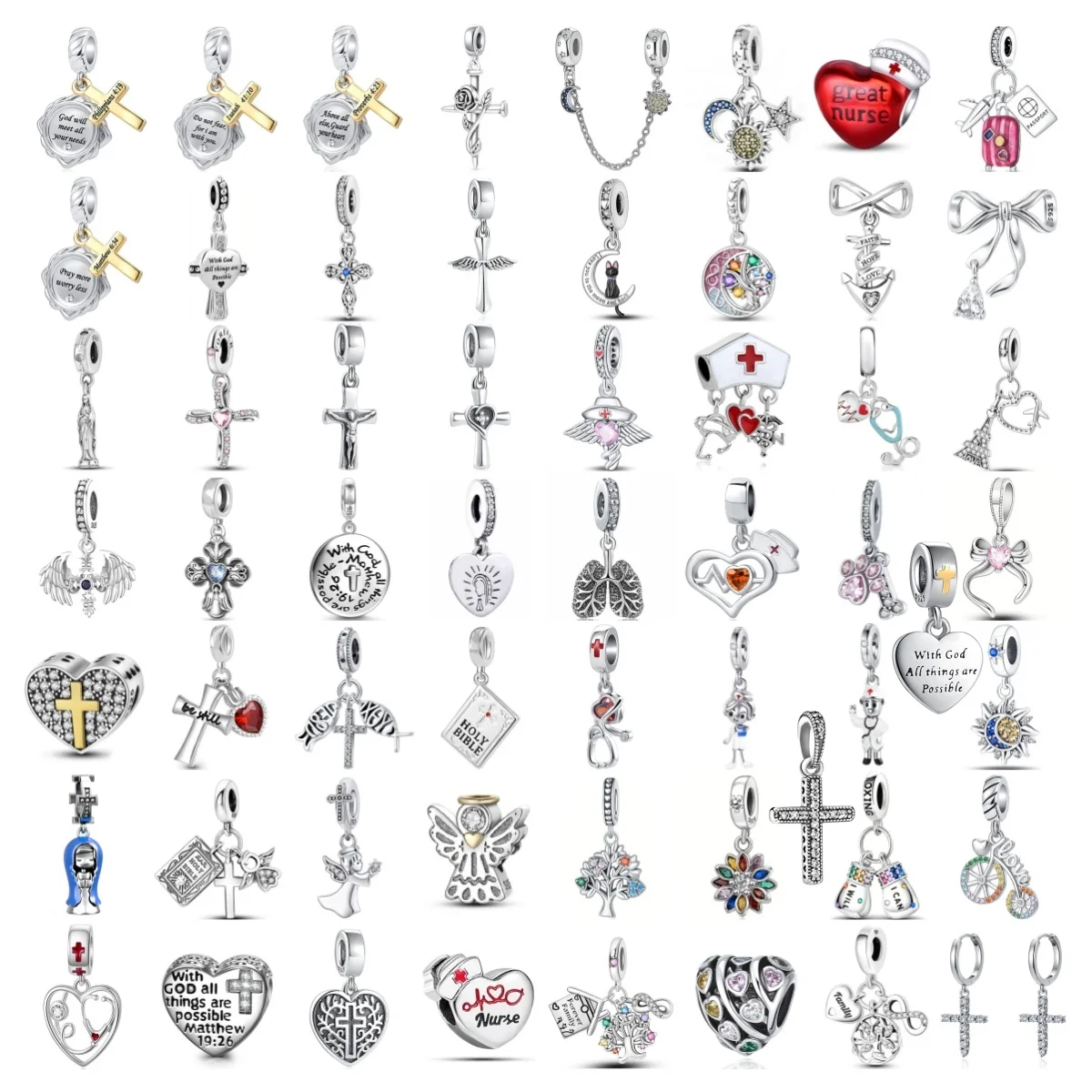 Original 925 Sterling Silver Medicine Cabinet Stethoscop Charm Bow travel Beads Religious Cross Pendant Fit Bracelet DIY Jewelry