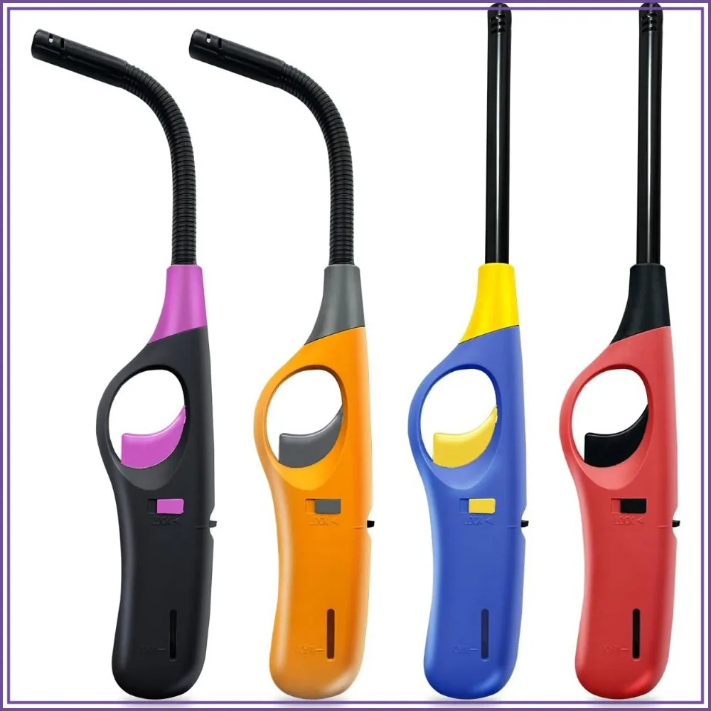 4 Pack Refillable Butane Lighters, Long Reach with Flexible Wand for Candles, BBQ, Camping, Fireplace